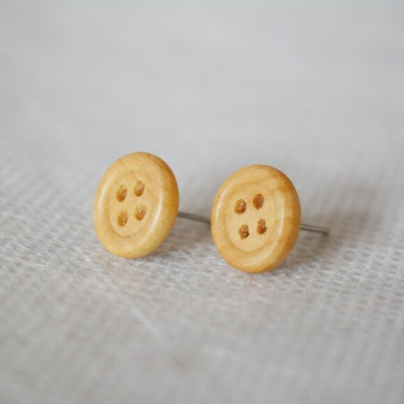 Wood Button Stud Earrings - Picture 1 of 5